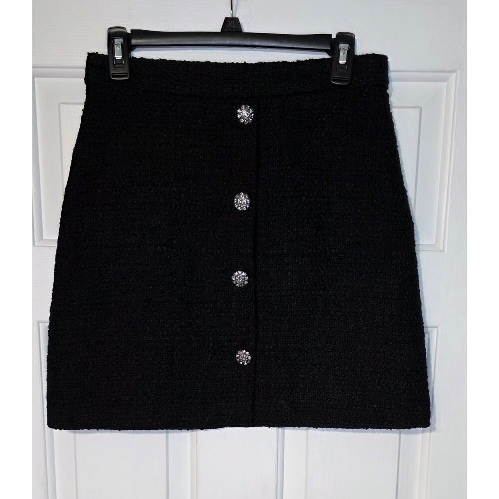 H&M Rhinestone Tweed Button Up Black‎ High Rise A-Line Mini Skirt Size 6